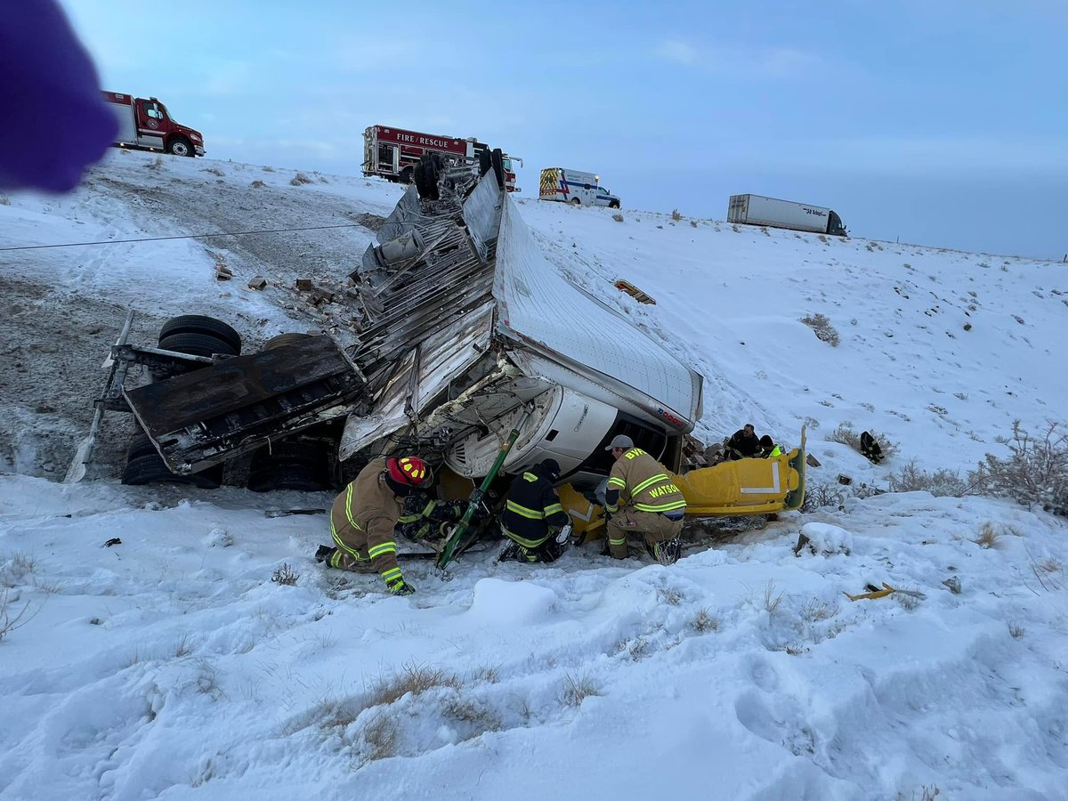 Emergency crews two hours to extricate the passenger in one of five semi trucks that crashed and went off an embankment on I-80, 20 miles west of Little America in Wyoming. Only one person suffered minor injuries.  