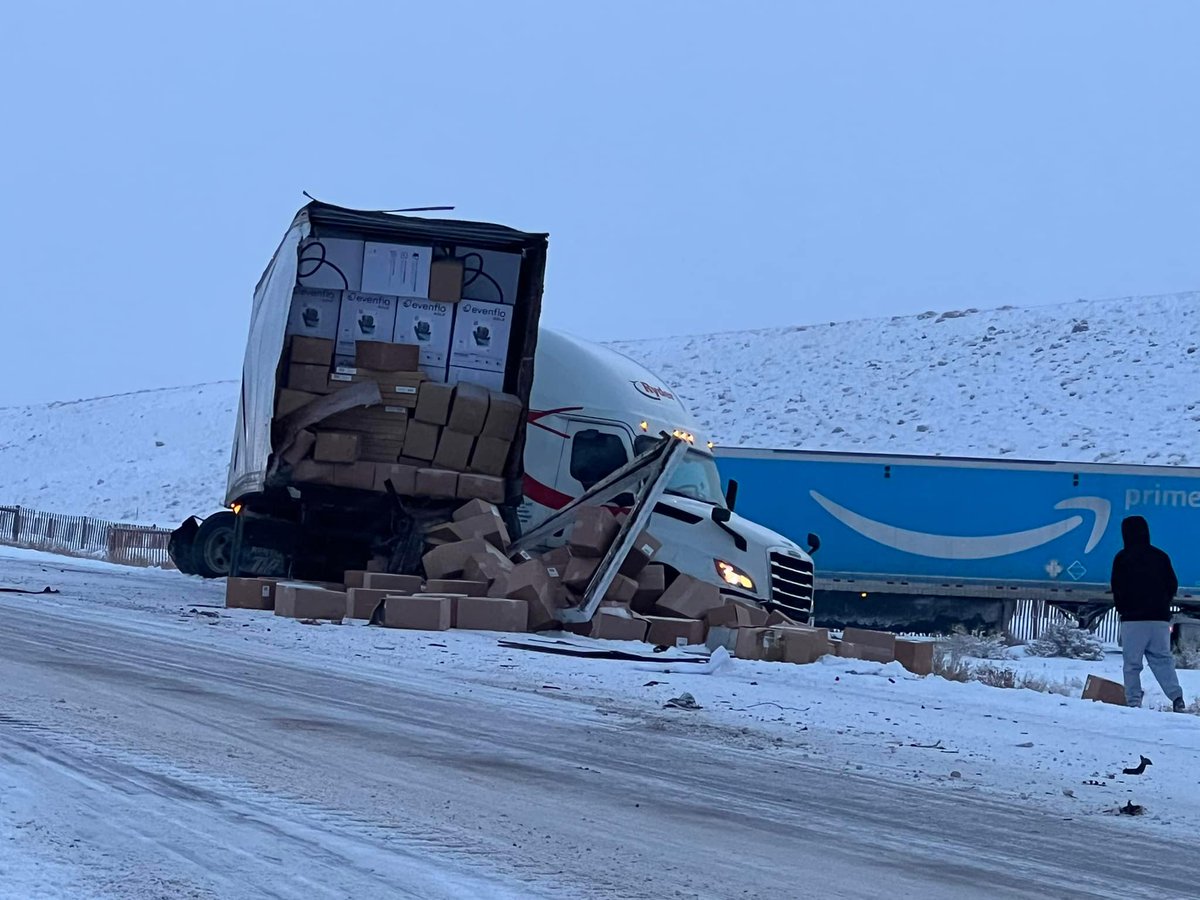 Emergency crews two hours to extricate the passenger in one of five semi trucks that crashed and went off an embankment on I-80, 20 miles west of Little America in Wyoming. Only one person suffered minor injuries.  